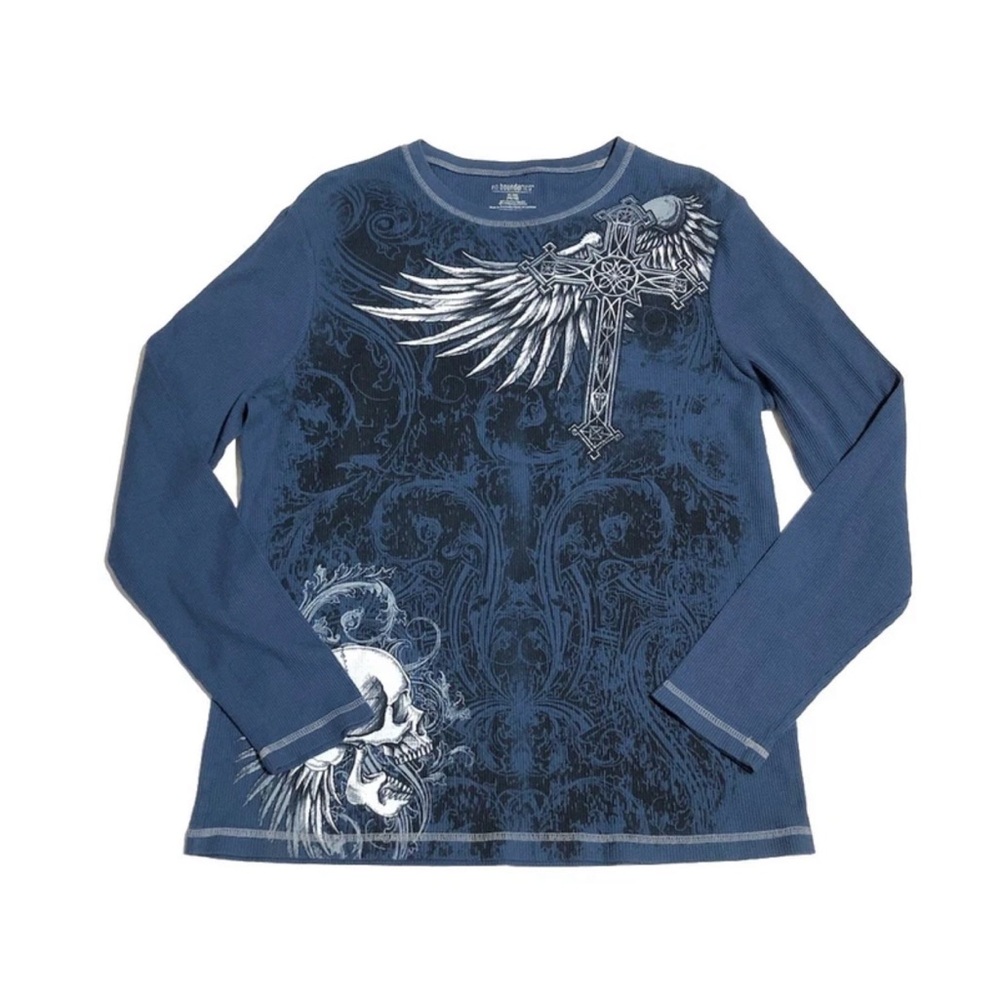 Y2K No Boundaries Shirt Men’s Blue Thermal Waffle Skull Cross Wings Graphic
